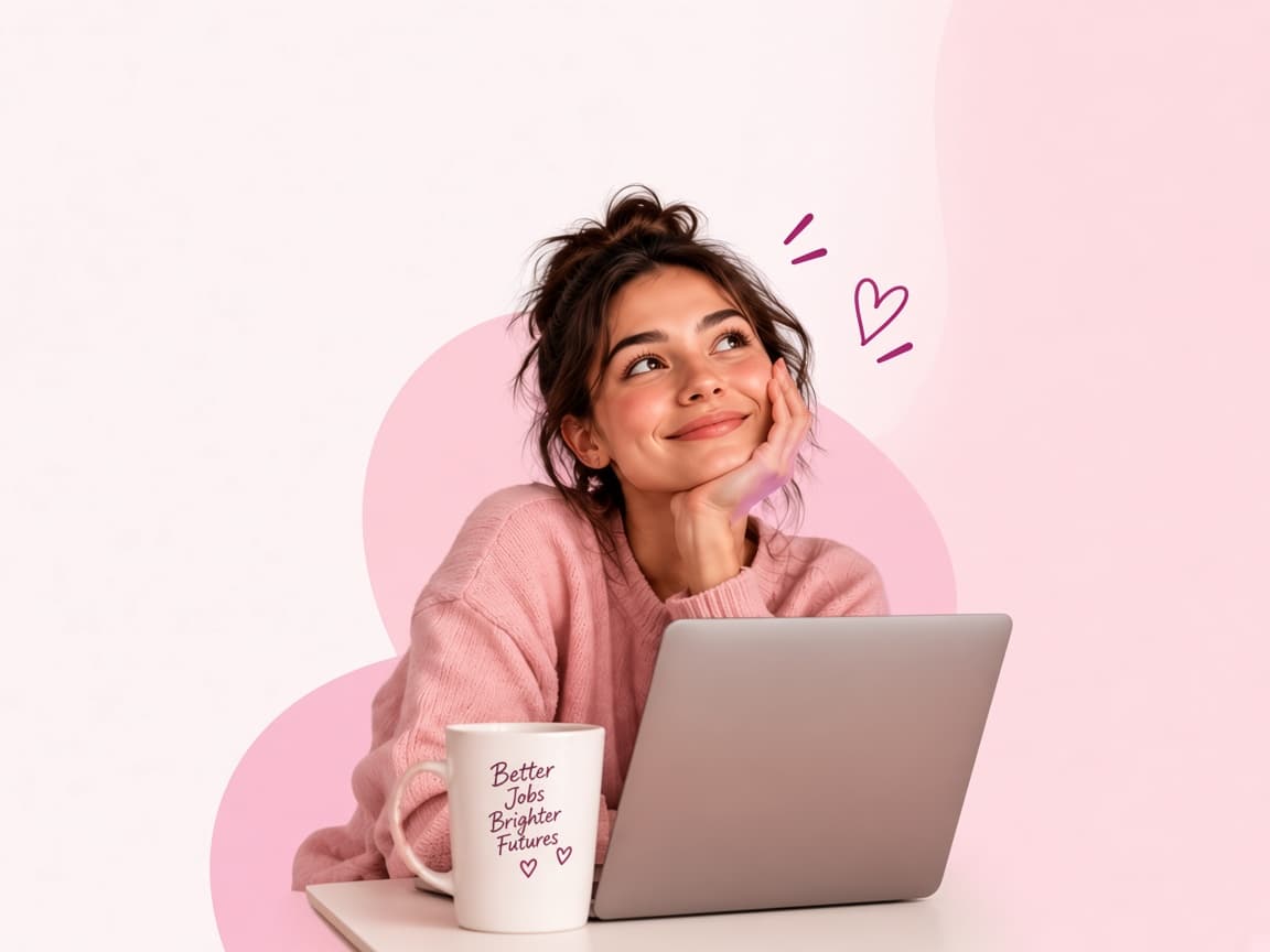 Woman working remotely beside a mug that reads Better Jobs Brighter Futures